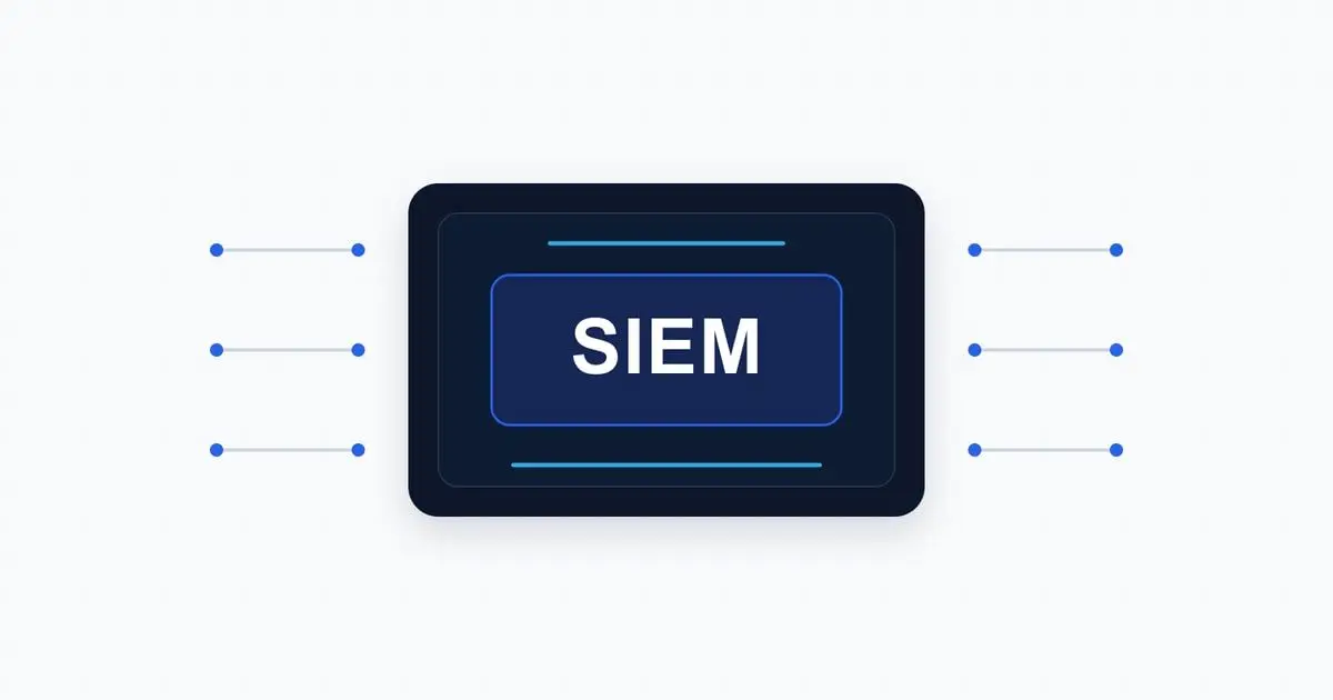 Minimalistische Sicherheitsgrafik mit zentralem SIEM-Schriftzug und verbundenen Signallinien
