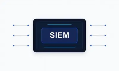 Minimalistische Sicherheitsgrafik mit zentralem SIEM-Schriftzug und verbundenen Signallinien
