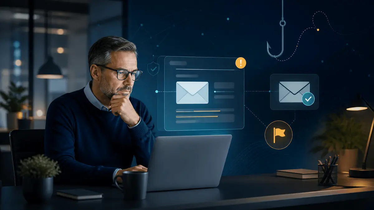 Mitarbeiter prüft verdächtige E-Mail im Rahmen einer Phishing Schulung und Awareness Simulation