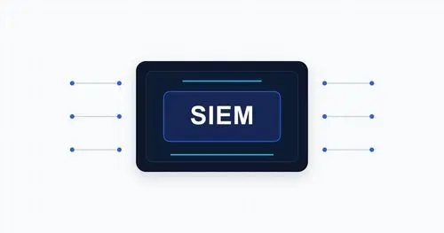 Minimalistische Sicherheitsgrafik mit zentralem SIEM-Schriftzug und verbundenen Signallinien