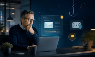 Mitarbeiter prüft verdächtige E-Mail im Rahmen einer Phishing Schulung und Awareness Simulation